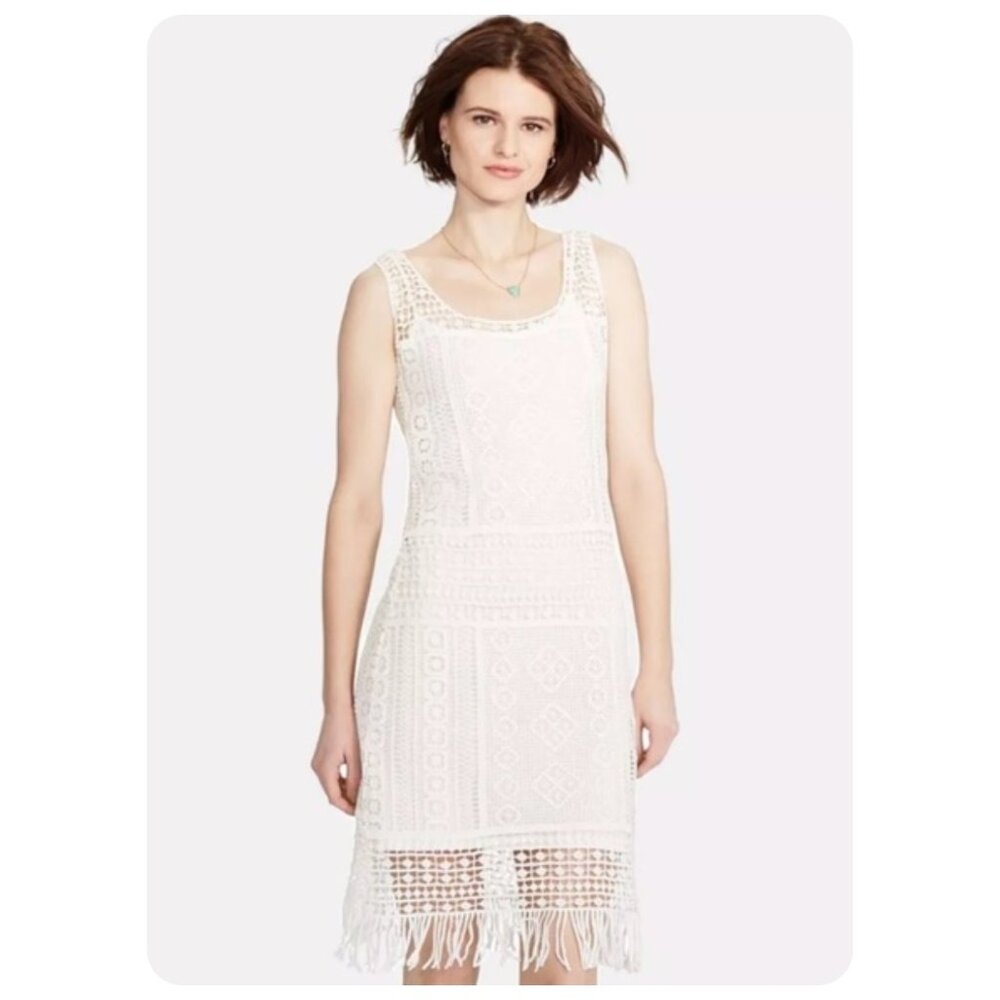 ! Lauren Ralph Lauren Ivory Crochet Overlay Fringe Hem Sleeveless Shift Dress